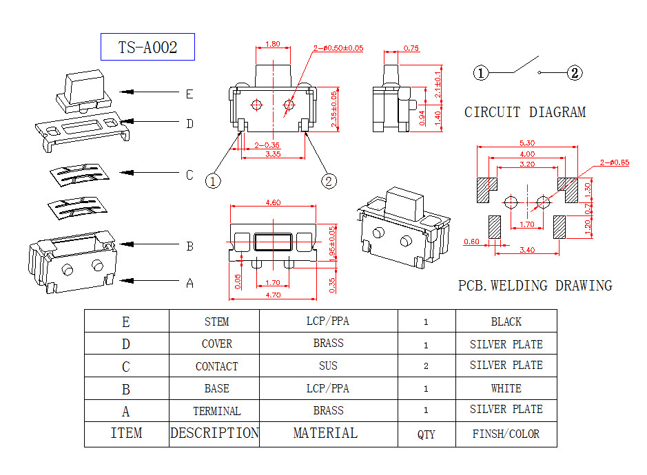 Micro Right Angle Tactile Switch , PCB Mount Push Button Switch 2.5X7 Mm