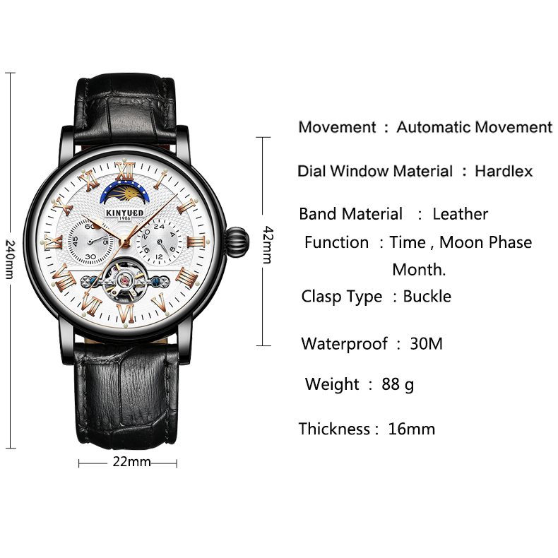 Luxury Brand KINYUED Watches Tourbillon Automatic Movement With Moon Phase Mens Automatic Mechanical Watch