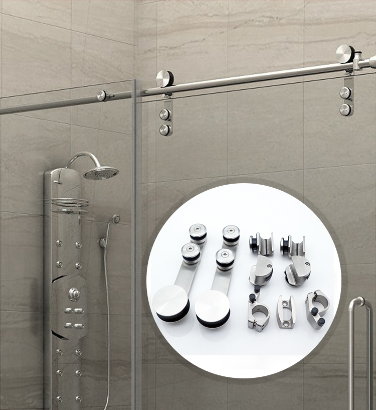 Frameless Glass Shower Room Rolling Barn Sliding Door Track Hardware Kit with Acrylic Tray