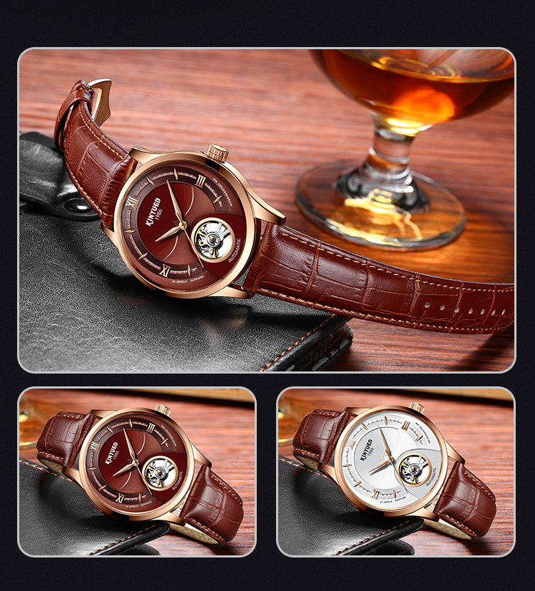 KINYUED genuine leather tourbillon mens automatic watch skeleton mechanical watch men wristwatch