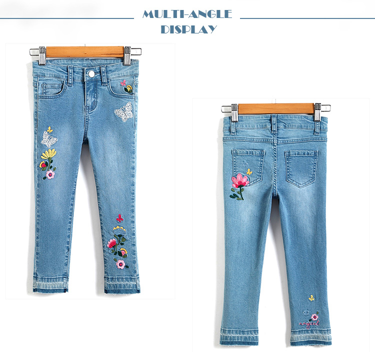 Long Kids Denim Clothes Baby Girl Denim Pants With Flower Embroidered Decor