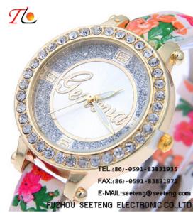 China Flower printing PU leather strap and diamond inset case for ladies watch wholesale