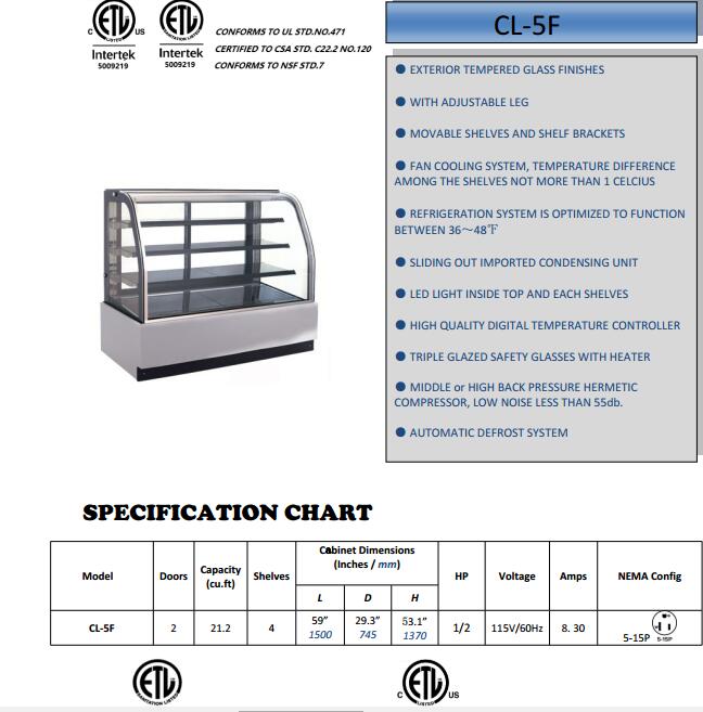 hot sell refrigrerated cake display case for bakery shop with CE/ETL