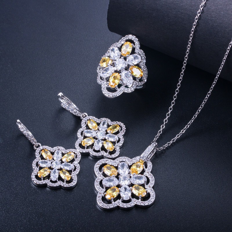White Gold Color Luxury Bridal CZ Crystal Necklace and Earring Sets Big Wedding Jewelry Sets For Brides