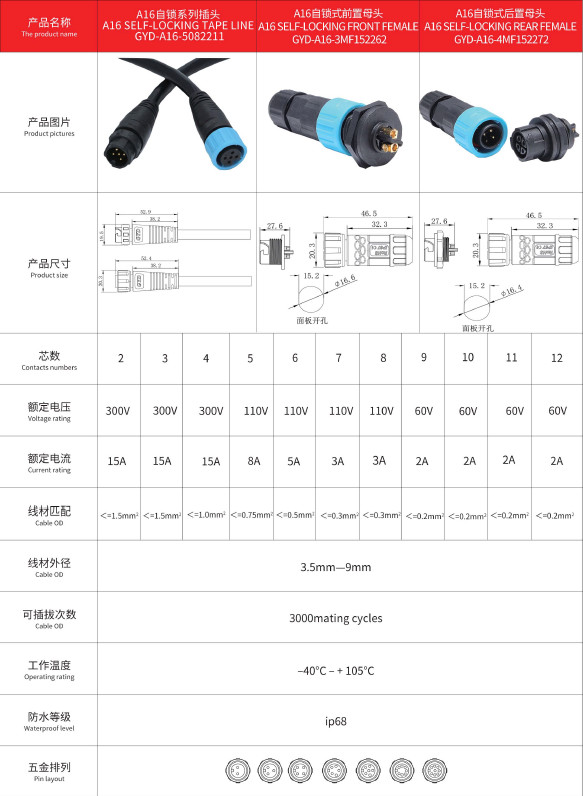 A16 Self-Locking Soldering 3-Pin Fast Card Male And Female Butt Waterproof Connector