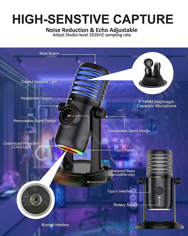 Streaming Podcast Condenser Mic USB RGB Gaming Microphone for Laptop PC PS4 PS5
