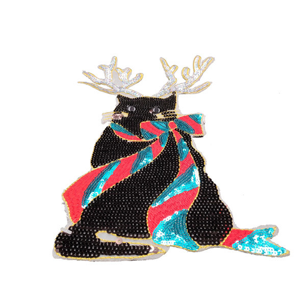 Black Sequin Cat Iron On Patch , Special Design Embroidered Animal Patches