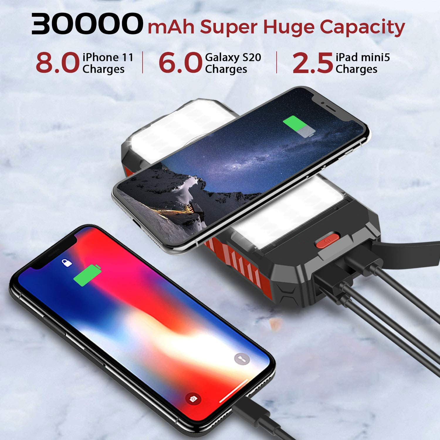 ABS PC Outdoor Wireless 30000mAh Solar Power Bank With Solar Panel