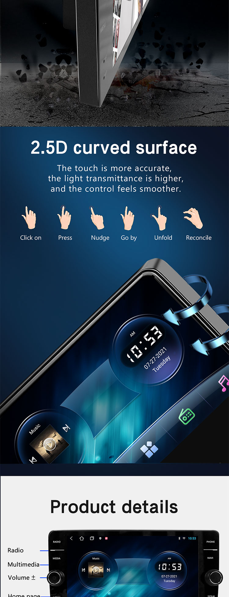 QELD/Knob Player Car Media Player with Full Fit Display Screen and Color Buttom Light
