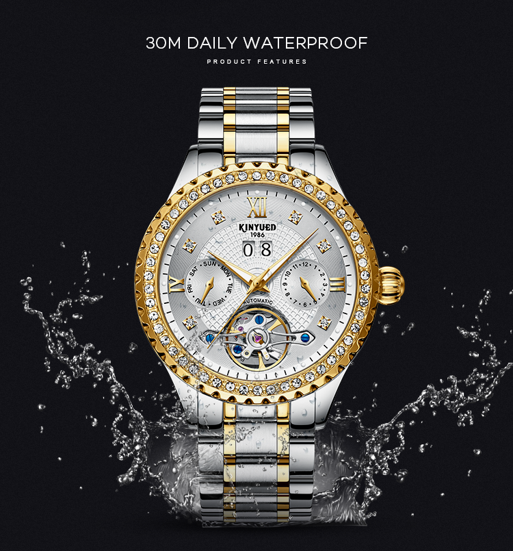 KINYUED Design your own luxury waterproof mens skeleton automatic tourbillon watch mechanical