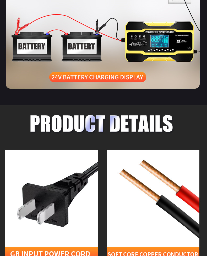 12V 24V 15A 7 Stage Intelligent Pulse Charger For Lead Acid Battery