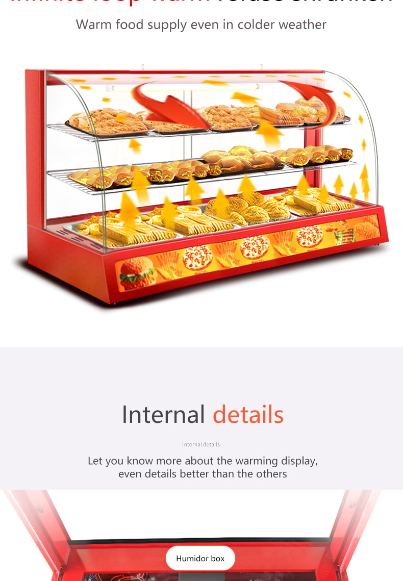 Professional Electric Red Glass Food Warmer Display Showcase with Toughened Glass