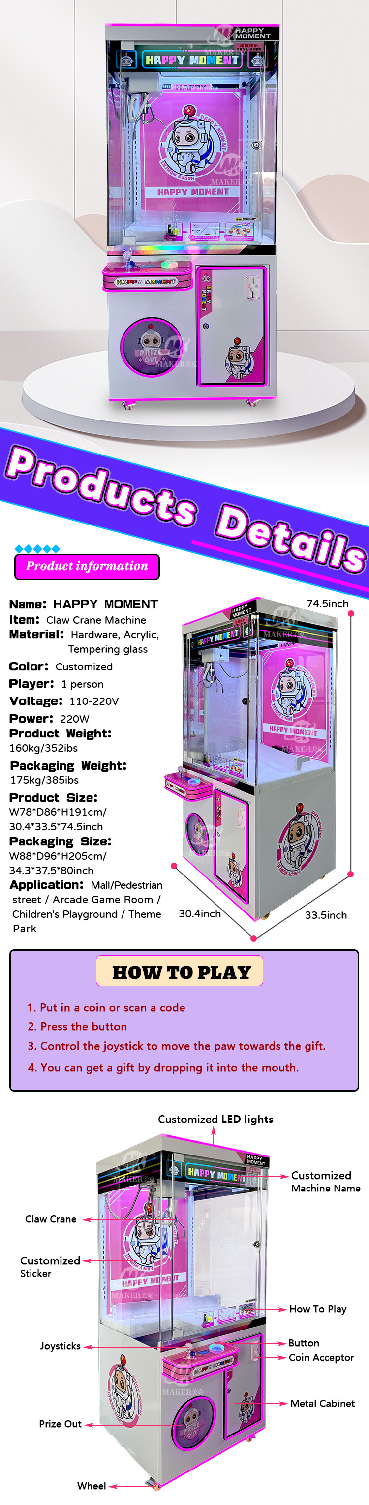 Hardware Claw Crane Machine Arcade Coin Game Machine For Shopping Mall Amusement Park