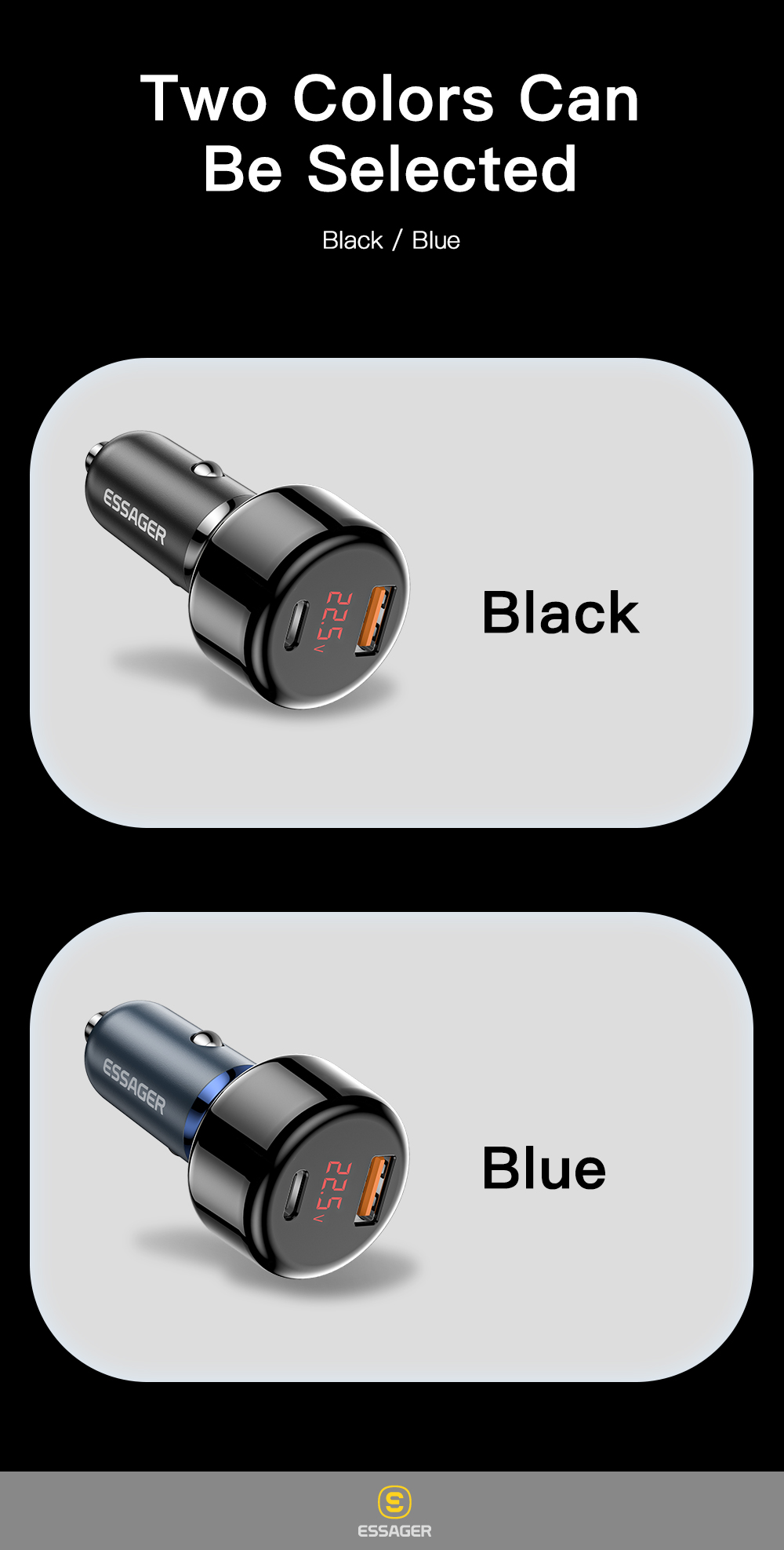 Essager 2022 Torch Phone Charging Fast Charge Dual 2 Port Usb Type C Pd Qc 3.0 Mini Adapter 65W Car Charger