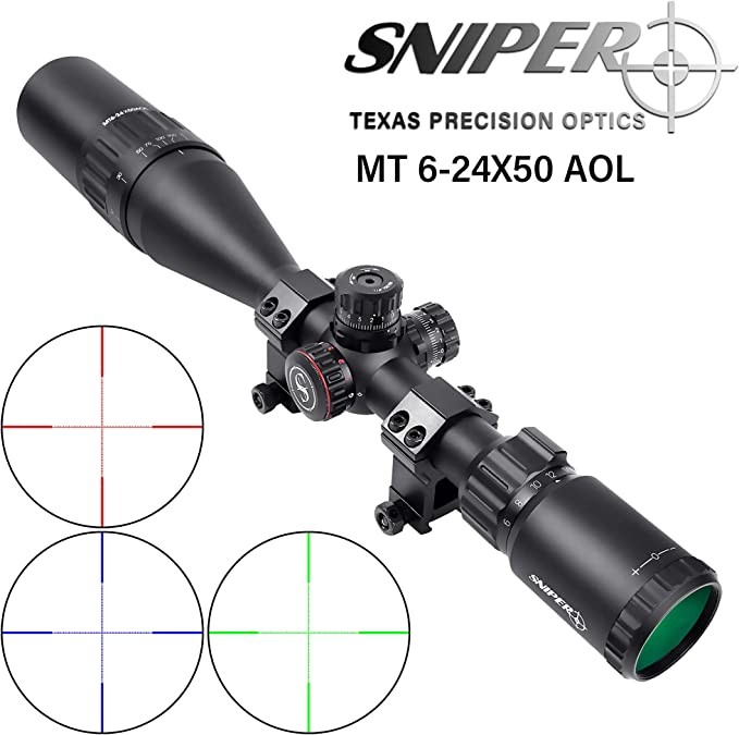 Red Green Blue Three Color illuminated tactical Reticle Riflescope 6-24x50mm