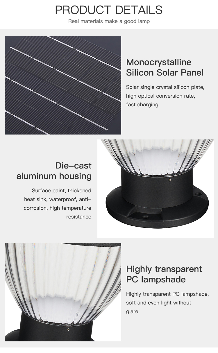Monocrystalline Solar Panel Solar Powered Pillar Lights IP65 20W Cast Aluminum