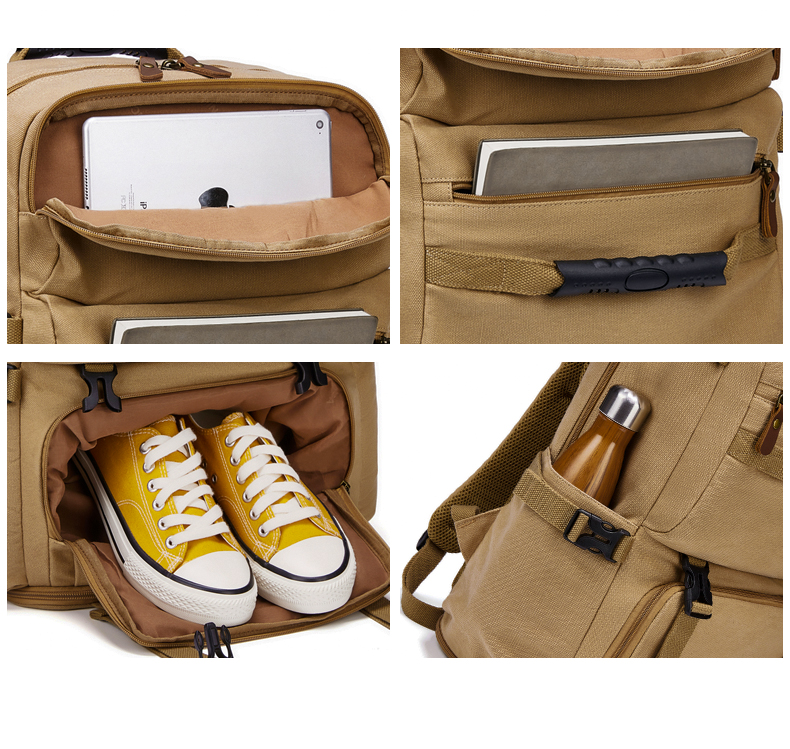 56-77Litre Vintage Canvas Laptop Backpack Khaki Color Waterproofing