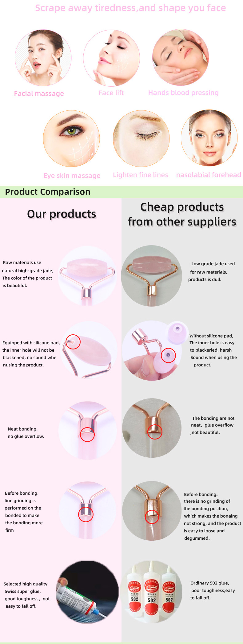 White Jade Face Roller , Rose Quartz Stone Roller 56g Free Sample