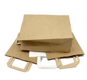 China Flat Handles Reusable Kraft Paper Carry Bags Shopping Restaurant Takeaway Paper Bags wholesale