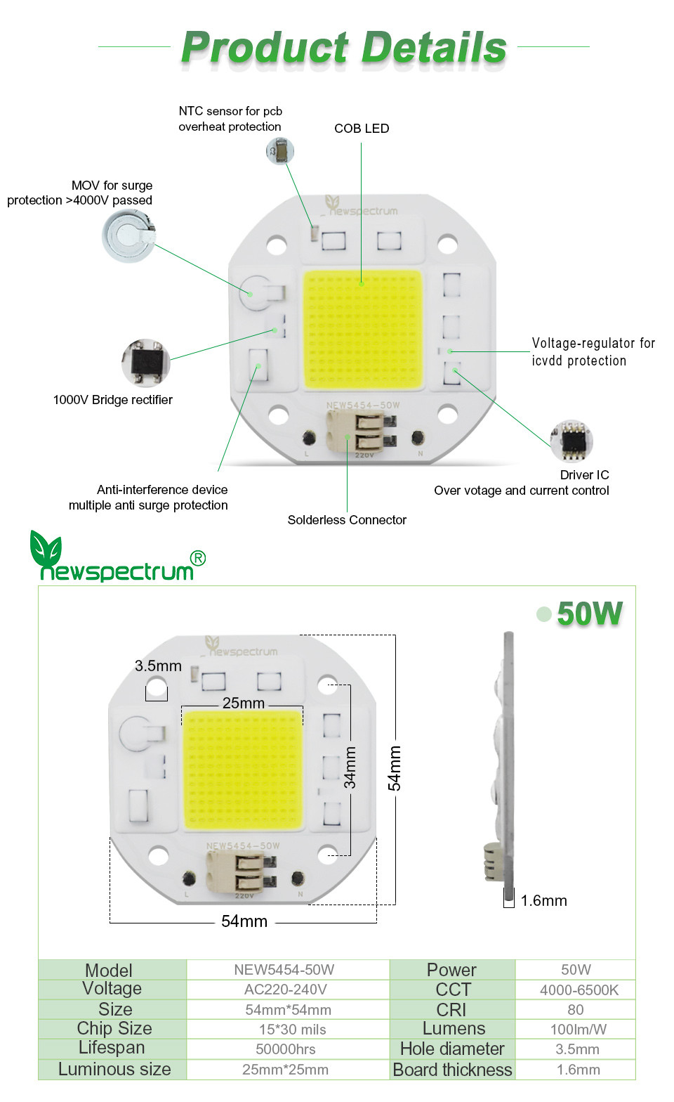 AC220V Horticulture COB Led Chip 50W 20W 30W 1400K For Floodlight