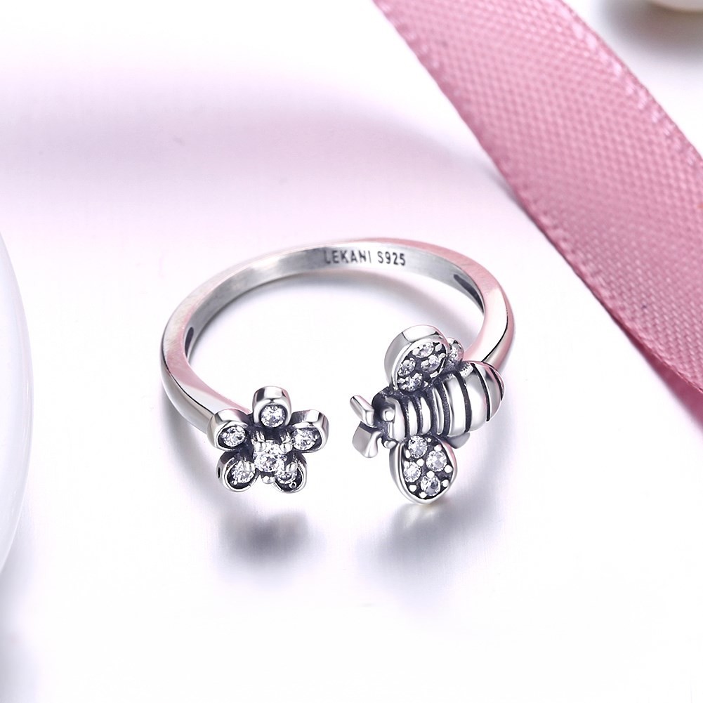 Sterling Silver 925 Adjustable Bee Cute Flower Ring