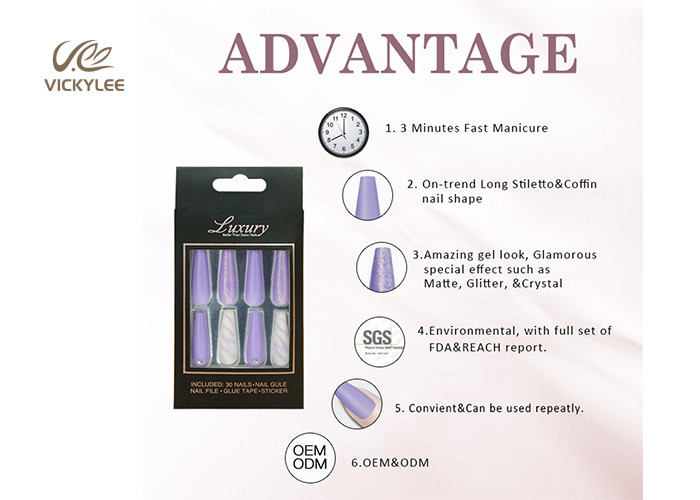 Long Coffin Ballerina OEM Purple DIY Fake Nails With Crystal Stone