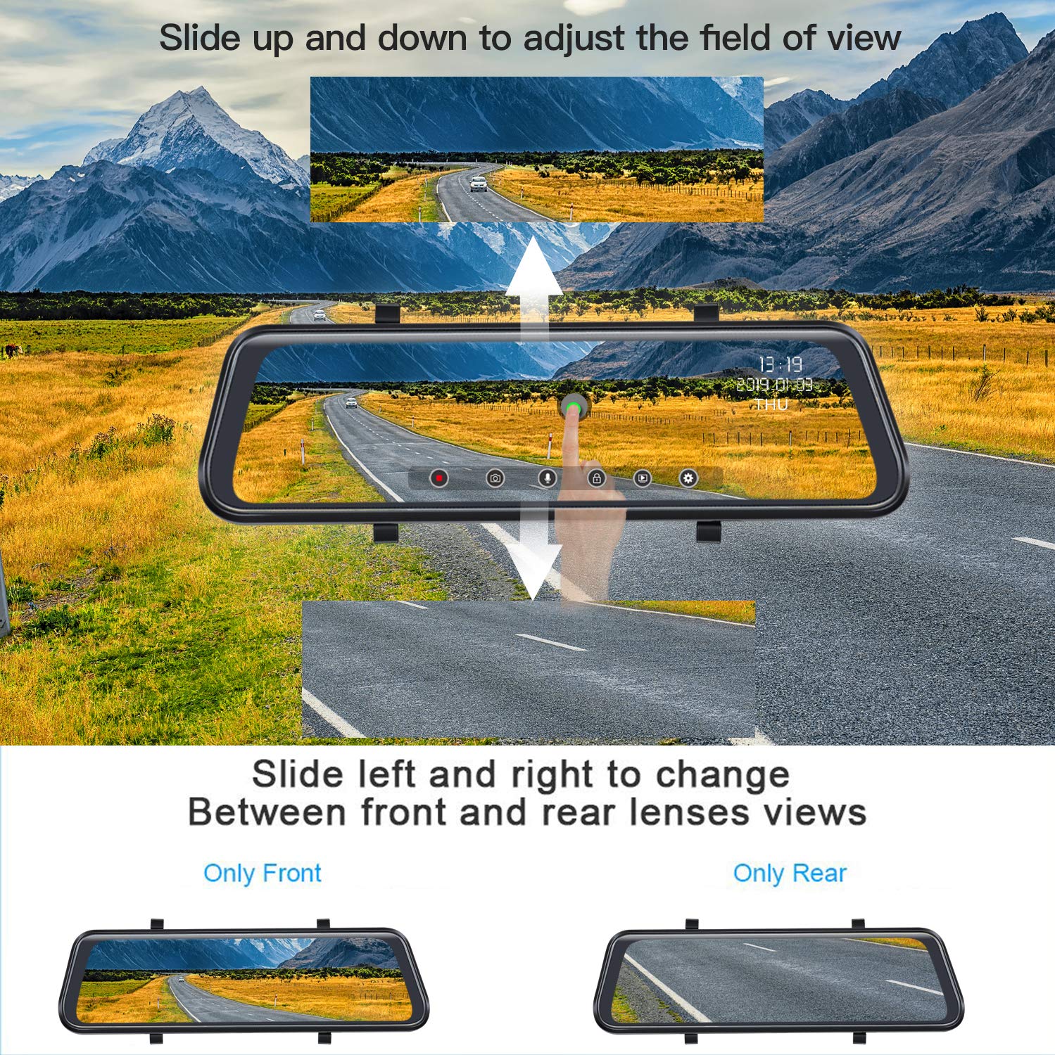 Backup 1080P DVR 9.88 Inch FHD Touch Dual Lens Driving Recorder