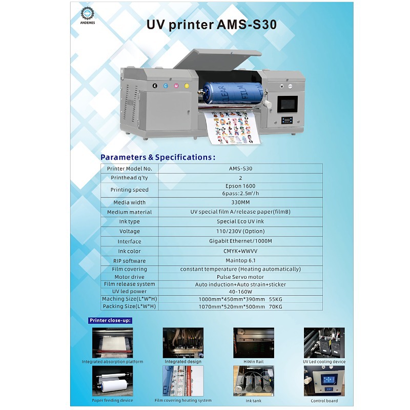 CMYKW V Ink Color A3 3060 DTF UV Printer for Roll to Roll and Flatbed Stickers Printing