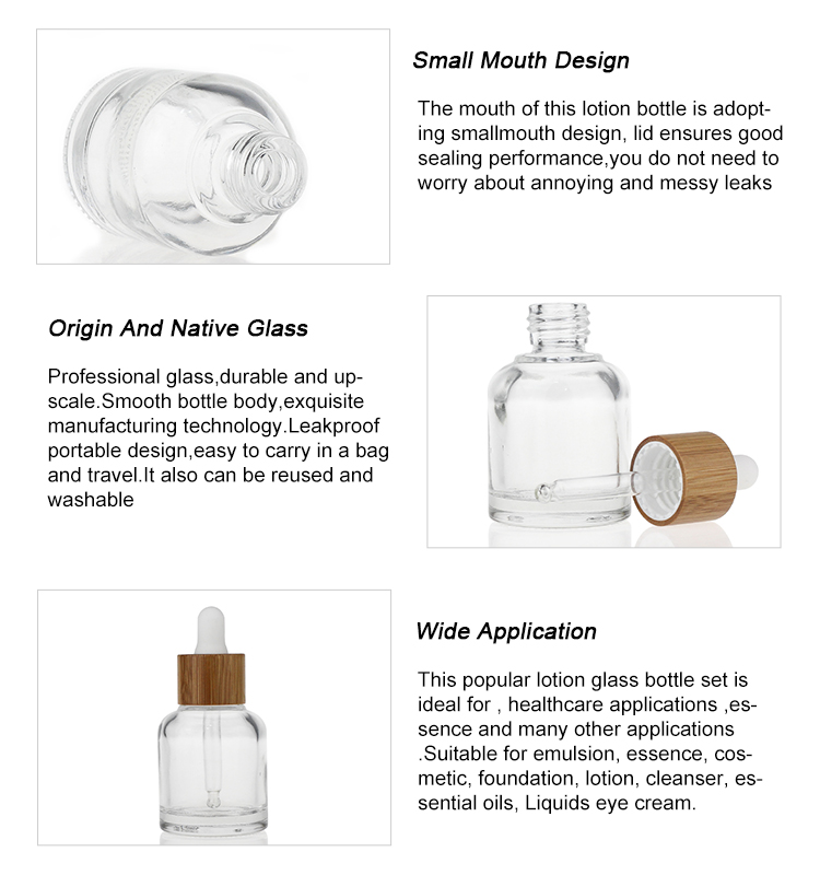Cosmetic Skincare Glass Serum Bottle 20ml 30ml 50ml With Bamboo Collar Cap