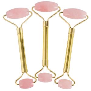 China 145mm Length Rose Quartz Jade Roller Double Duty Stainless Steel Handle wholesale