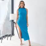 Round Neck High Waist Split Sleeveless Casual Maxi Dress