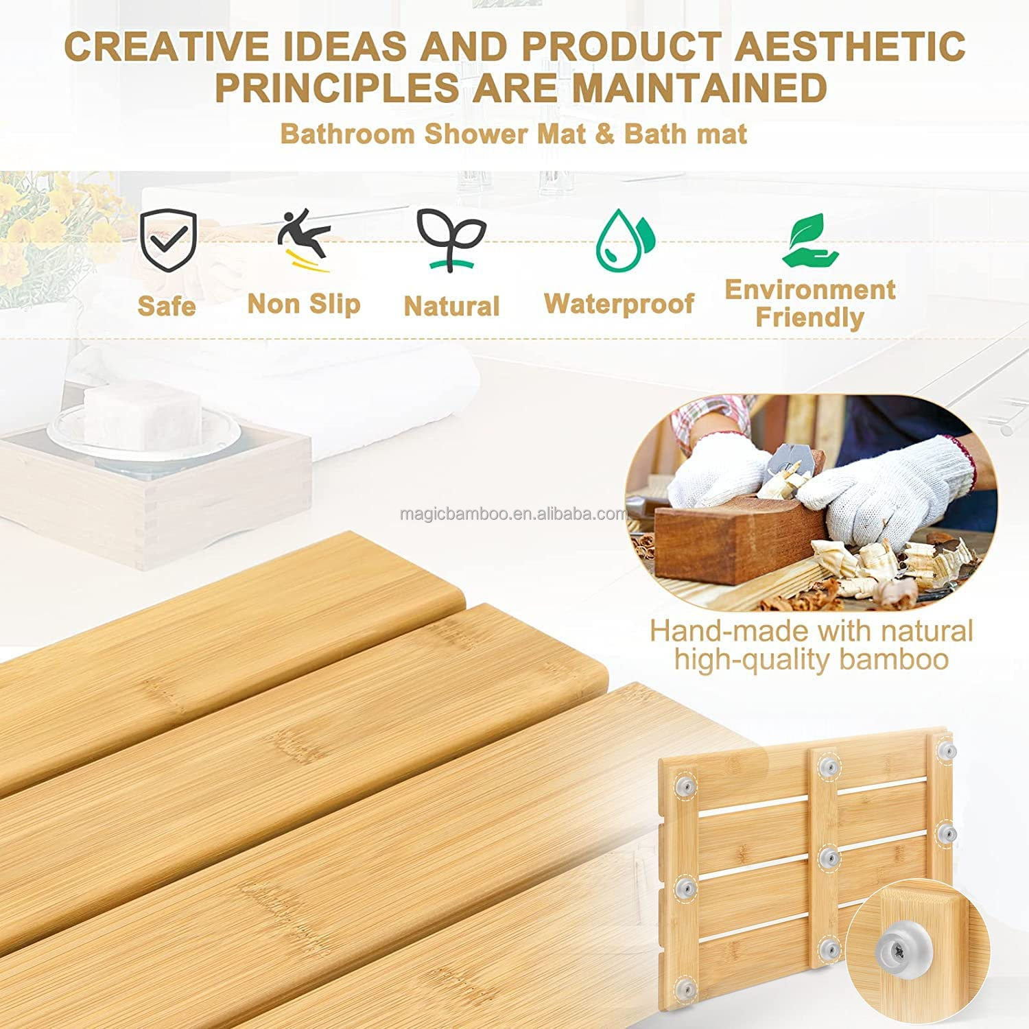 Striped Pattern Bamboo Wood Non Slip Shower Mat 39.88 X 26.17 X 3.05CM for Bathroom