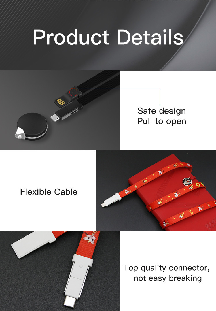 23cm 92cm 3 In 1 Phone Lanyard USB 2.0 Charging Cable Custom Logo