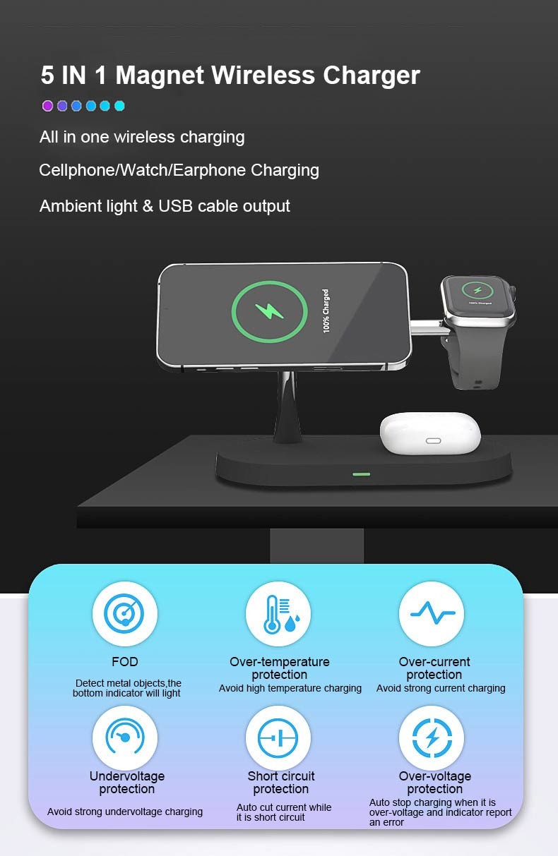 Fast 15w 5 In1 Multi Function Wireless Charger Qi Magnetic Stand