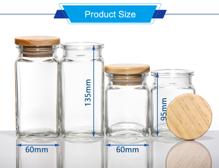 Factory Produced Empty Candy Square Glass Jar with Wooden Lids