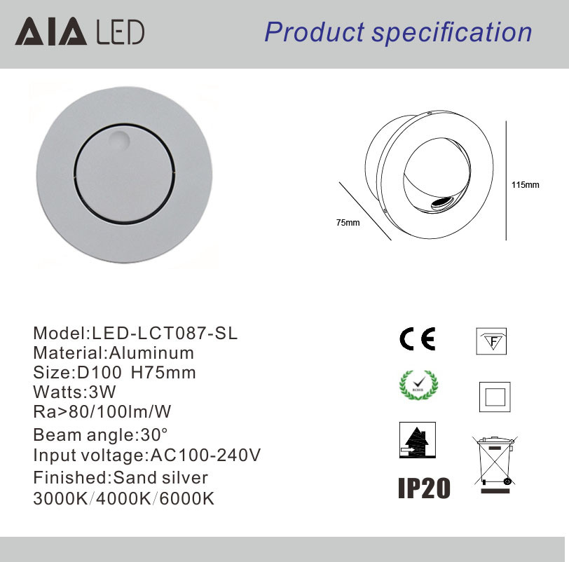 Modern Simple Design Circular Led Wall Light 3W COB Aluminum Recess Mounted Wall Lamp For Home Villa Hotel Sconces Light