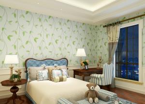 China Hotel Bedroom Asian style Wallpaper Breathable with White Green Leaves pattern wholesale