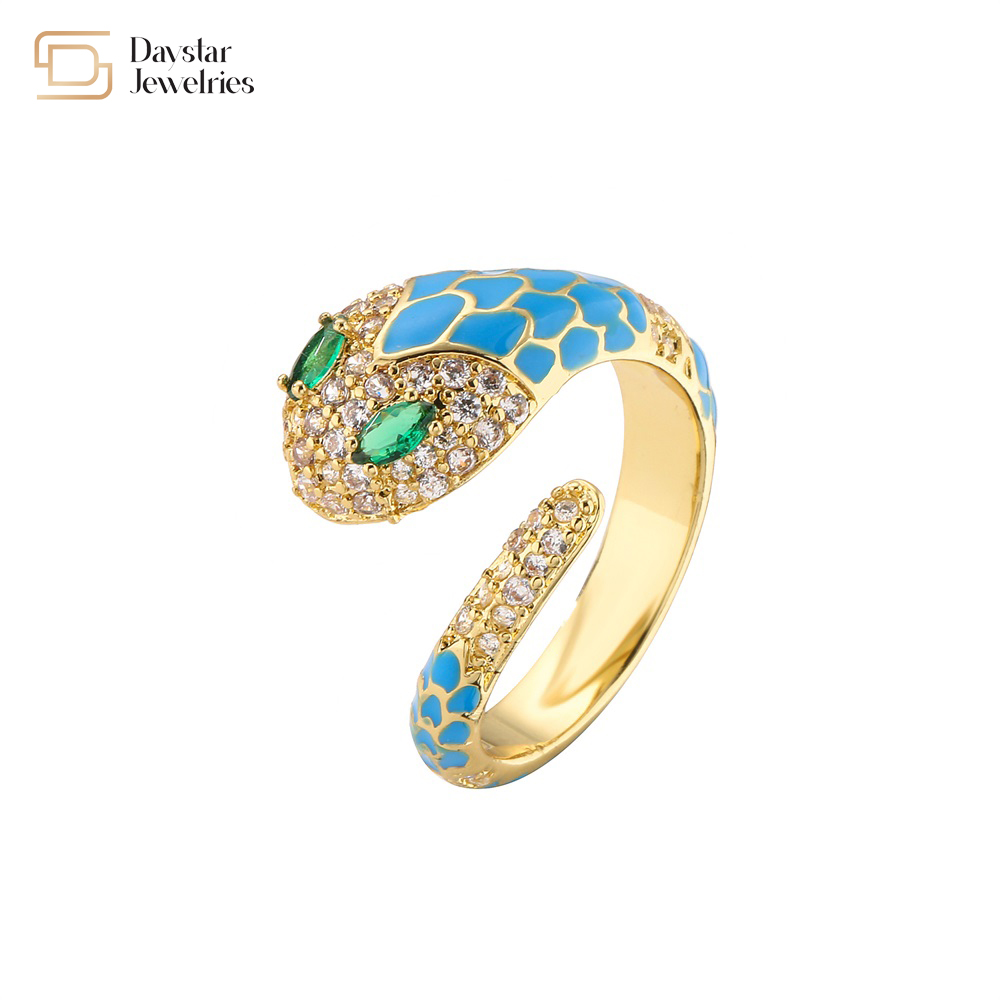 Snake Colorful Enamel Green Diamond Zircon Cobra Ring Cute Adjustable Open