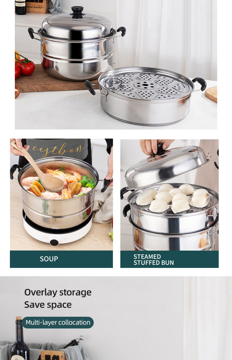 Best Selling Customized Logo 3 Layer induction 10-inch Stainless Steel Steamer Pot with Anti-Heat Handle