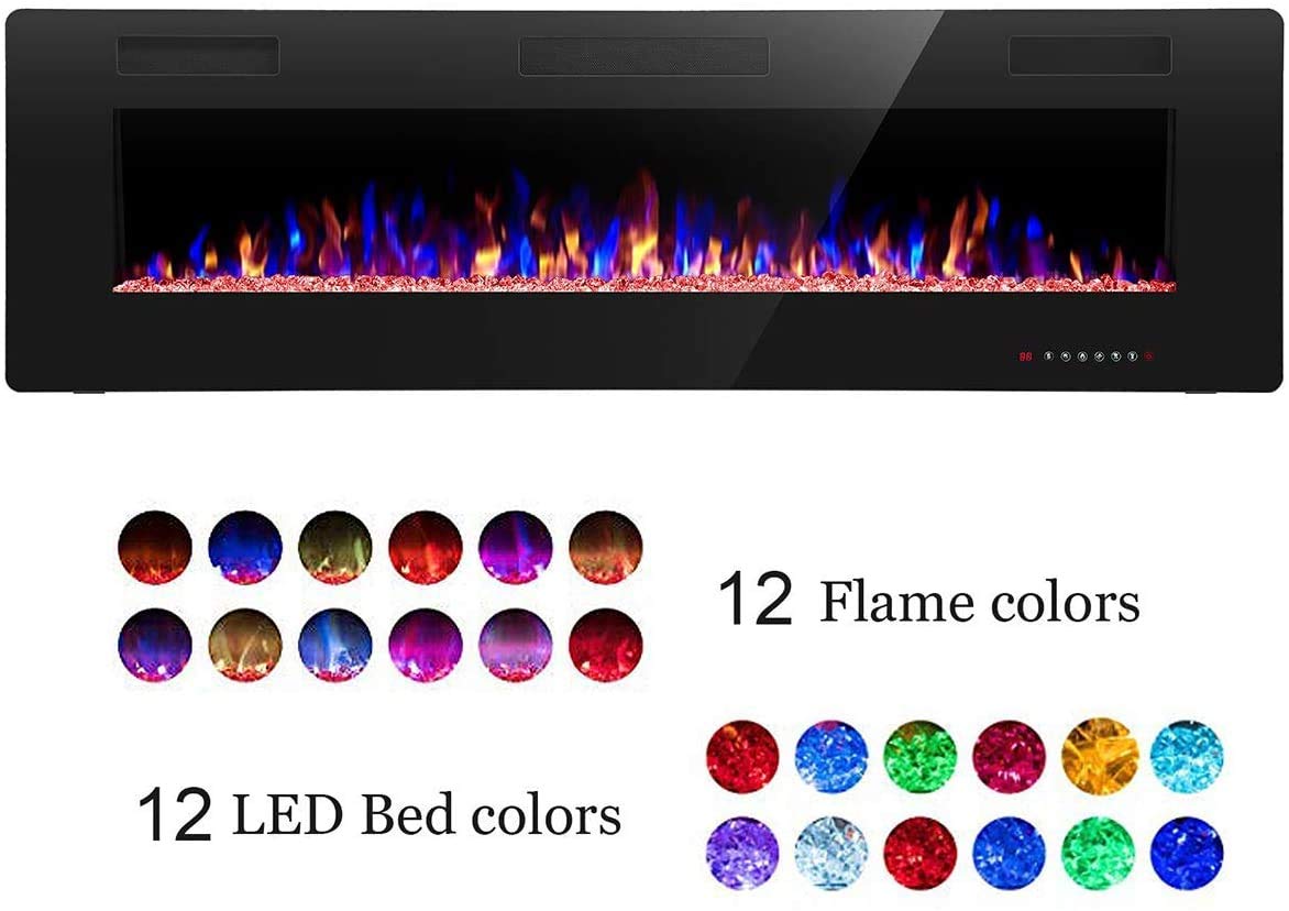 12 Bed Color Mode AJUNION 60 Inch Wall Mounted Silk Screen Printing Electric Fireplace