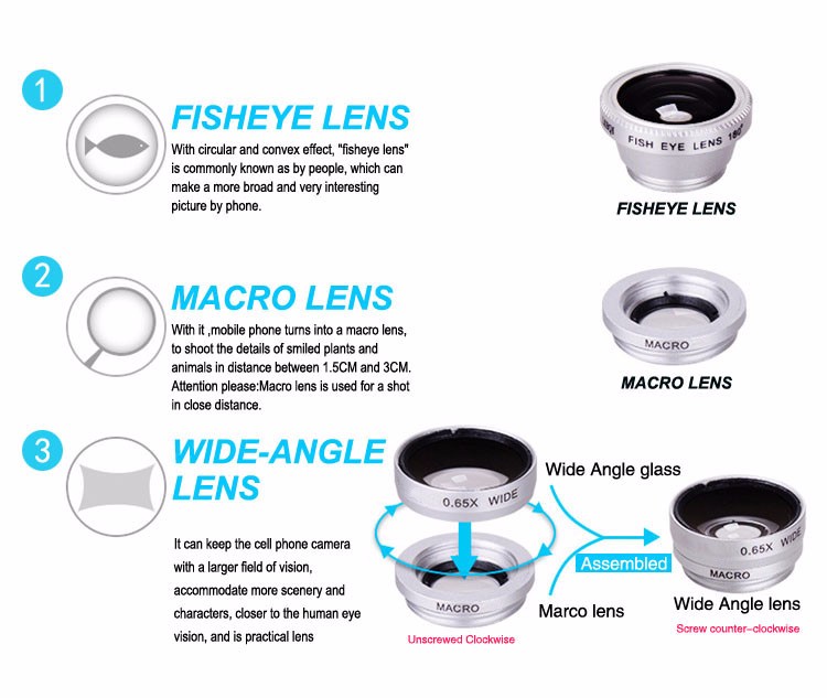Universal Wide Angle Macro FishEye Mobile wide angel lens zoom lens for cell phone
