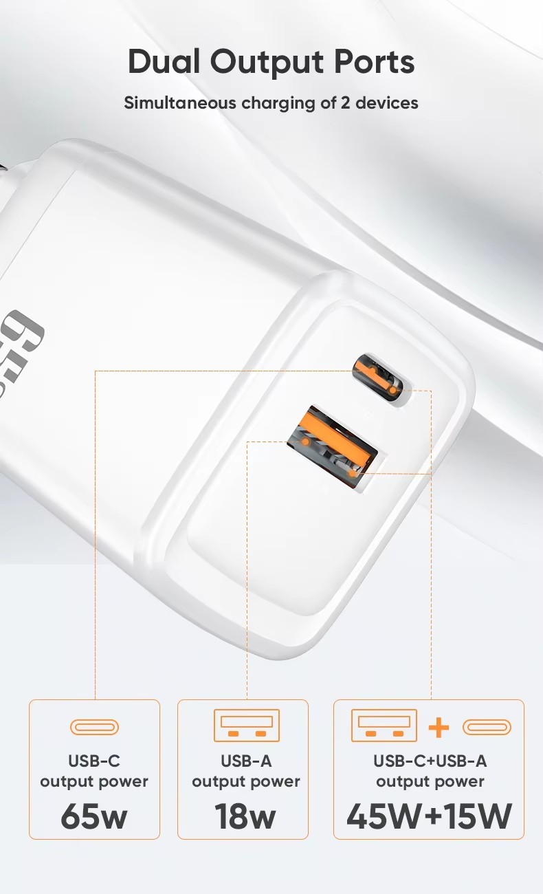 65W GaN Charger PD Fast Charging Power Adapter Usb c Charger CE FCC RoHS Certified Multi Function Universal Usb Chargers