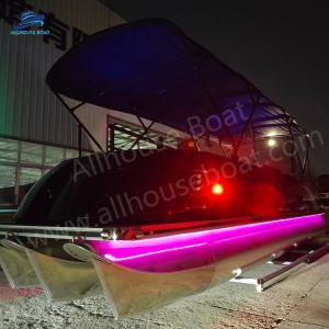 Aluminum Hull Material Fiberglass Pontoon Boat with 2.3m*8.2m Size and Bimini