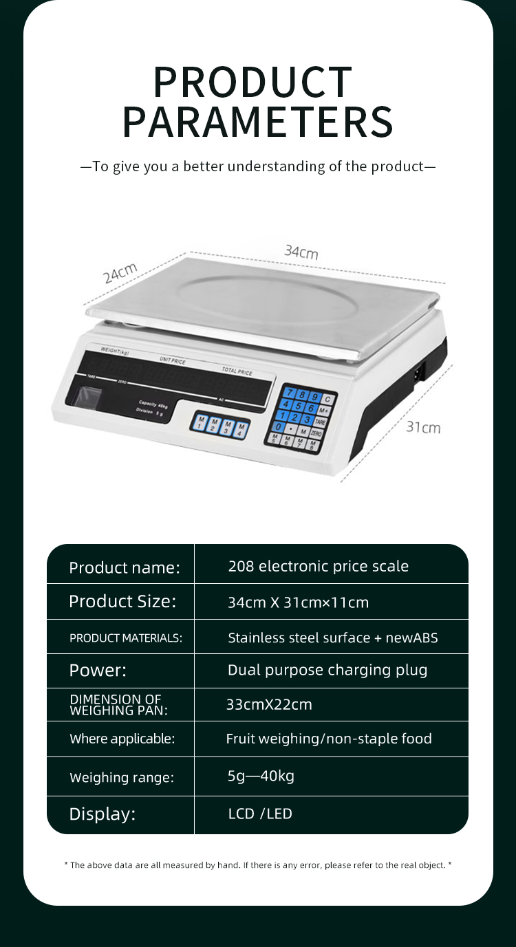 Durable Veidt ACS-A9 30kg/40kg Stainless Steel Electronic Digital Weighing Scale for Kitchen 1g Computing Weight Polygon