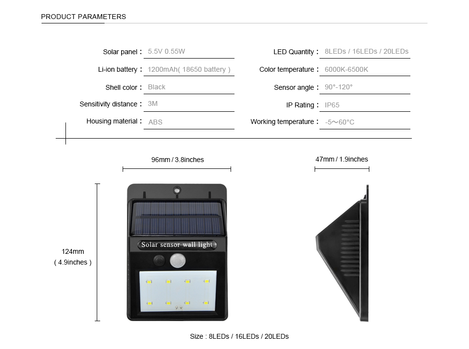 800mAh 200LMs Solar Powered 20 Led Motion Sensor Light Wireless Exterior Security