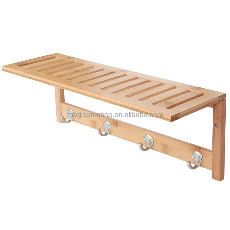 Modern and Functional Solid Bamboo Wooden Bathroom Shelf with 4 Stainless Steel Hooks