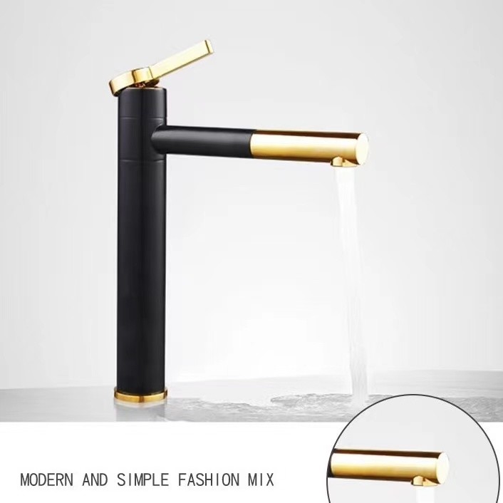 Waterfall Black Basin Faucet With Golden Handle Hot And Cold Mixer
