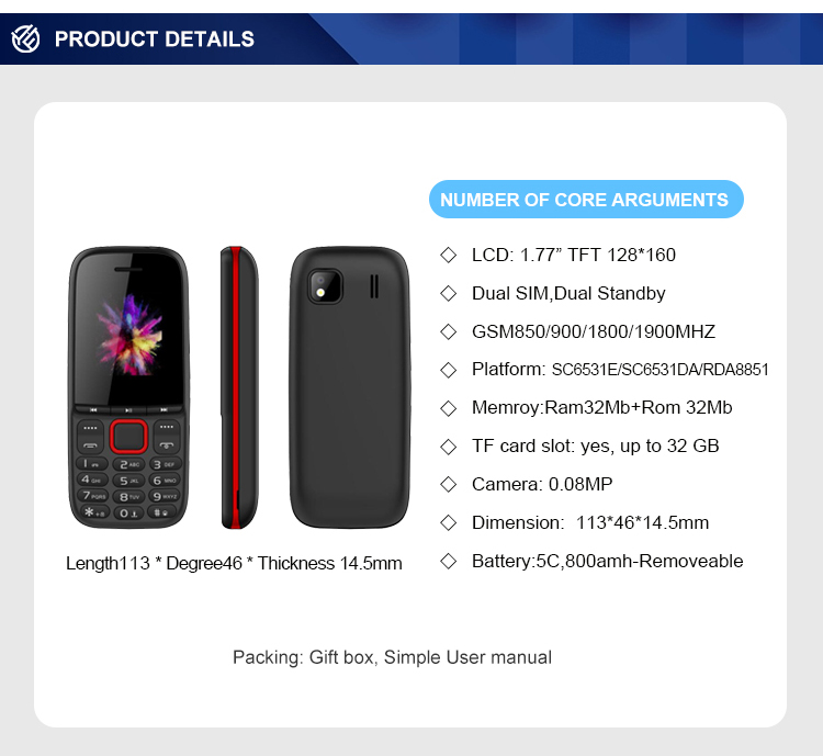 2G 3G Keypad Mobile Phones 5C 600mAh Multi Lauguage For Elderly