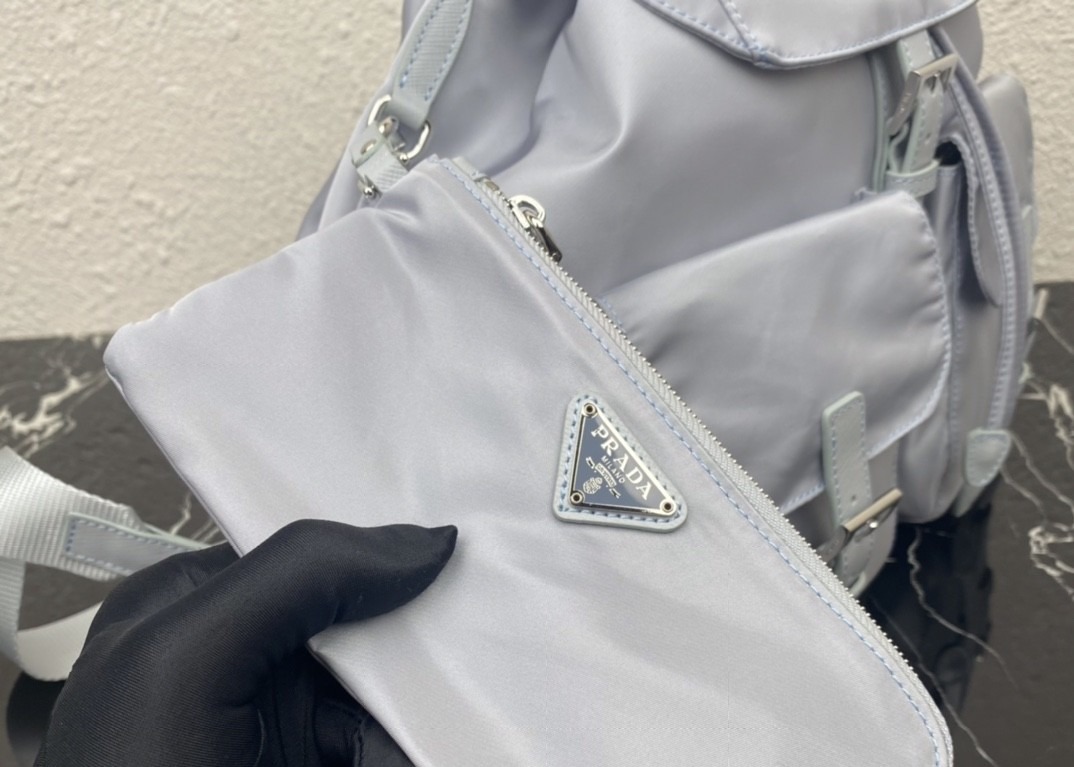 Detachable Small Blue 30cm Womens Nylon Backpack Triangle Logo