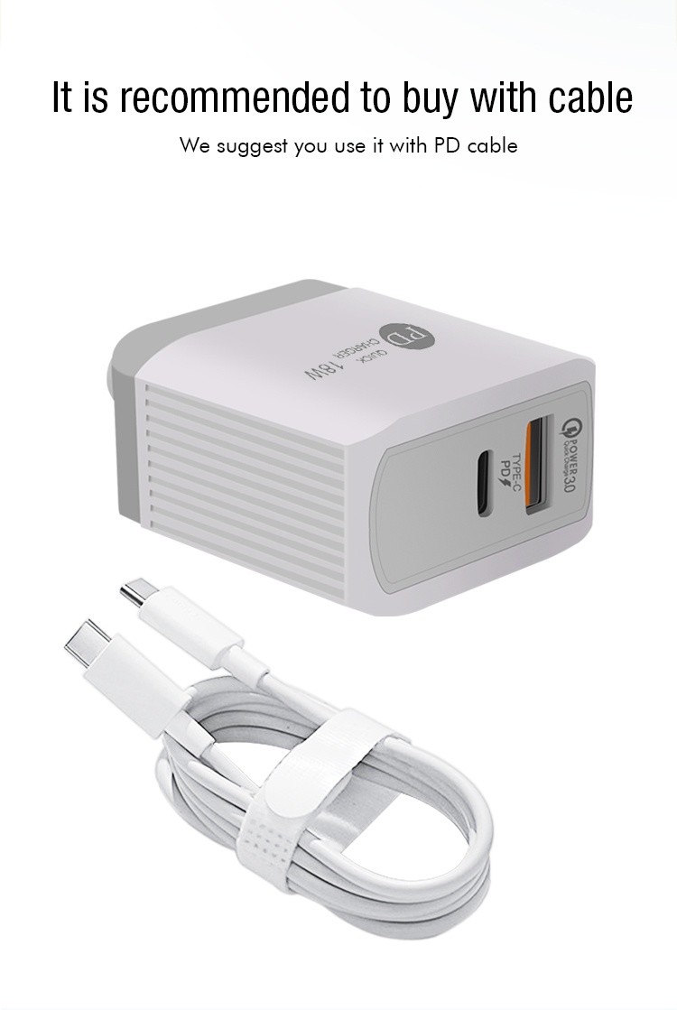 2 Ports USB C PD Wall Charger , QC 3.0 18W USB Type C Wall Adapter For IPhone 12